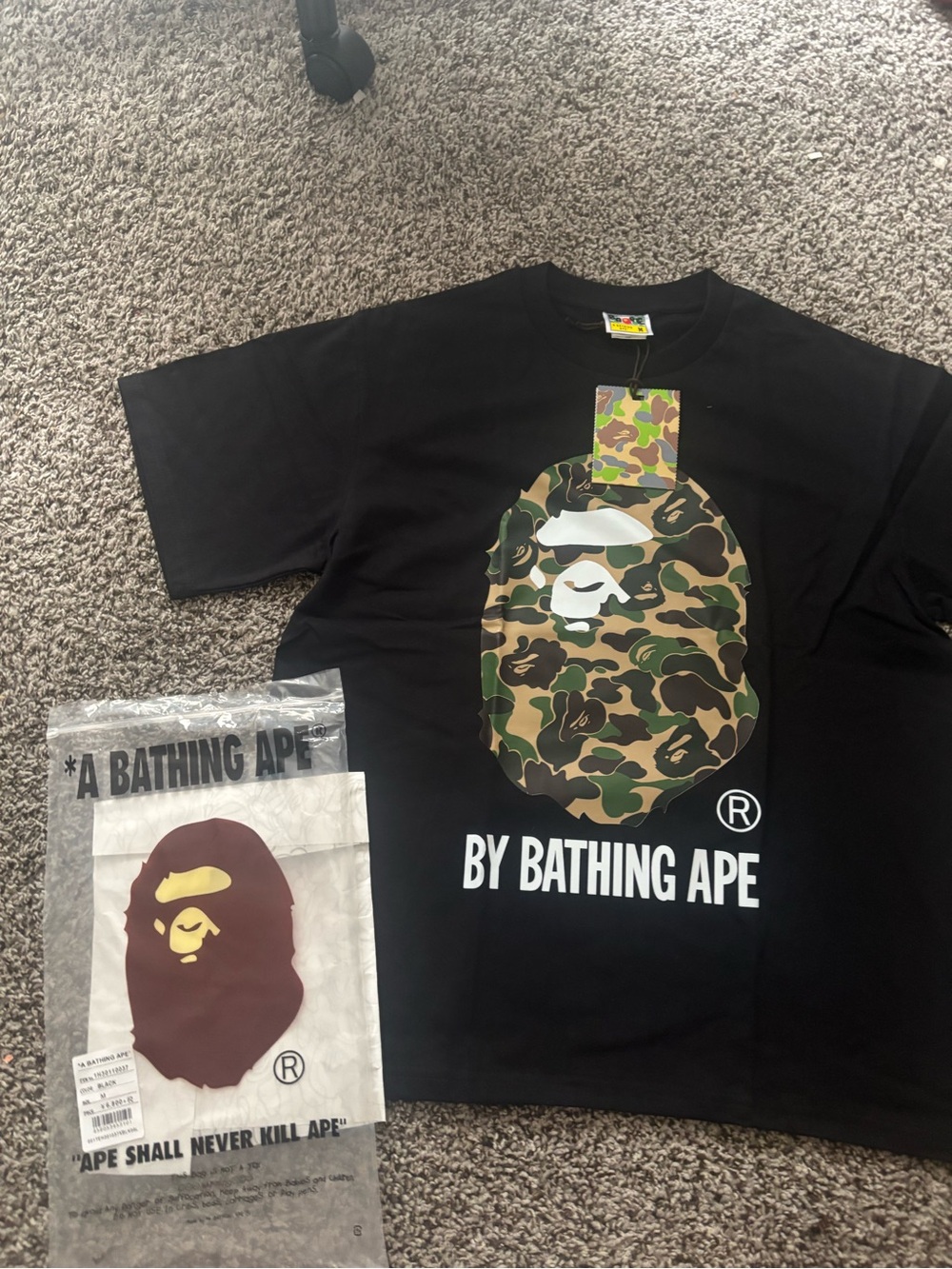 Bape Black Tee with Green Brown Camo Ape Head Graphic